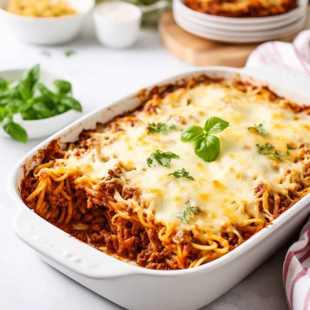 Baking dish of spaghetti, showing layers of pasta, meat, and cheese.