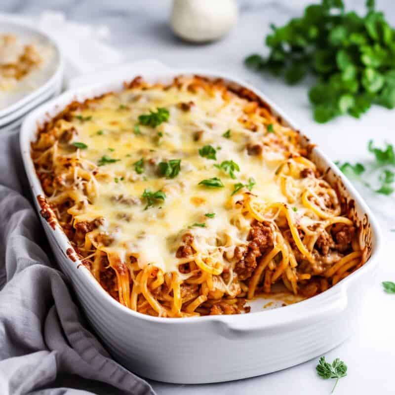 Baked spaghetti dish garnished with fresh basil and grated Parmesan on a white baking dish.