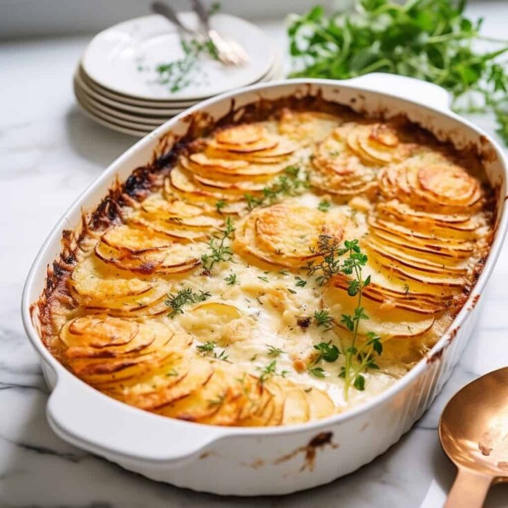 Layered Cheesy Scalloped Potatoes in a baking dish in a white countertop.
