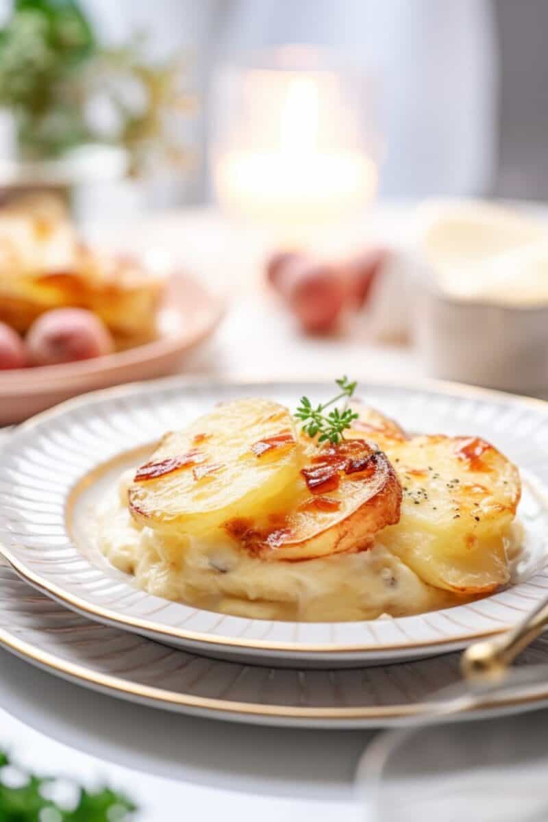 Cheesy Scalloped Potatoes served on a plate as a side dish.