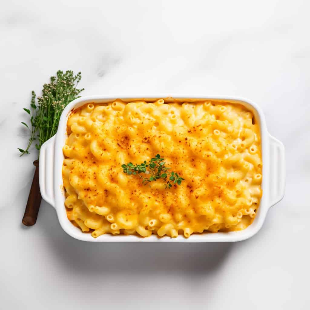 Overhead view of Baked Mac and Cheese with a crispy Parmesan topping in a baking dish.