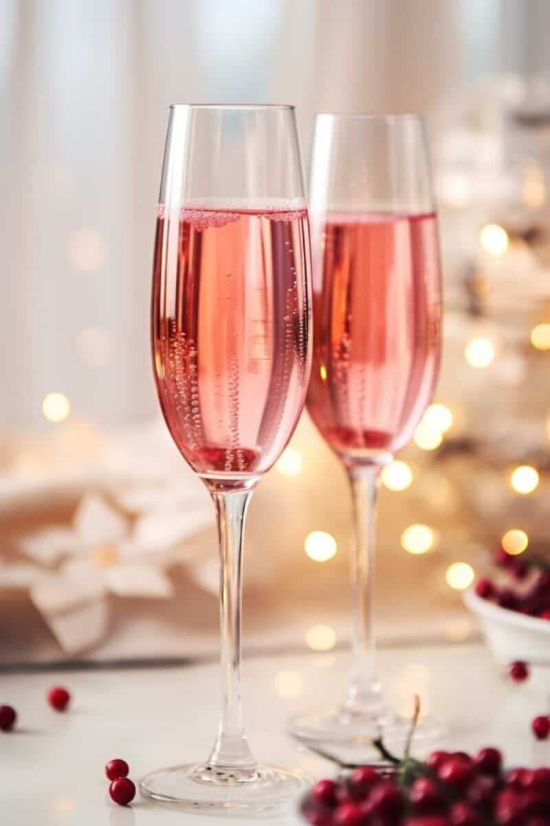A pair of Cranberry Mimosas in tall champagne flutes, perfect for holiday toasting.