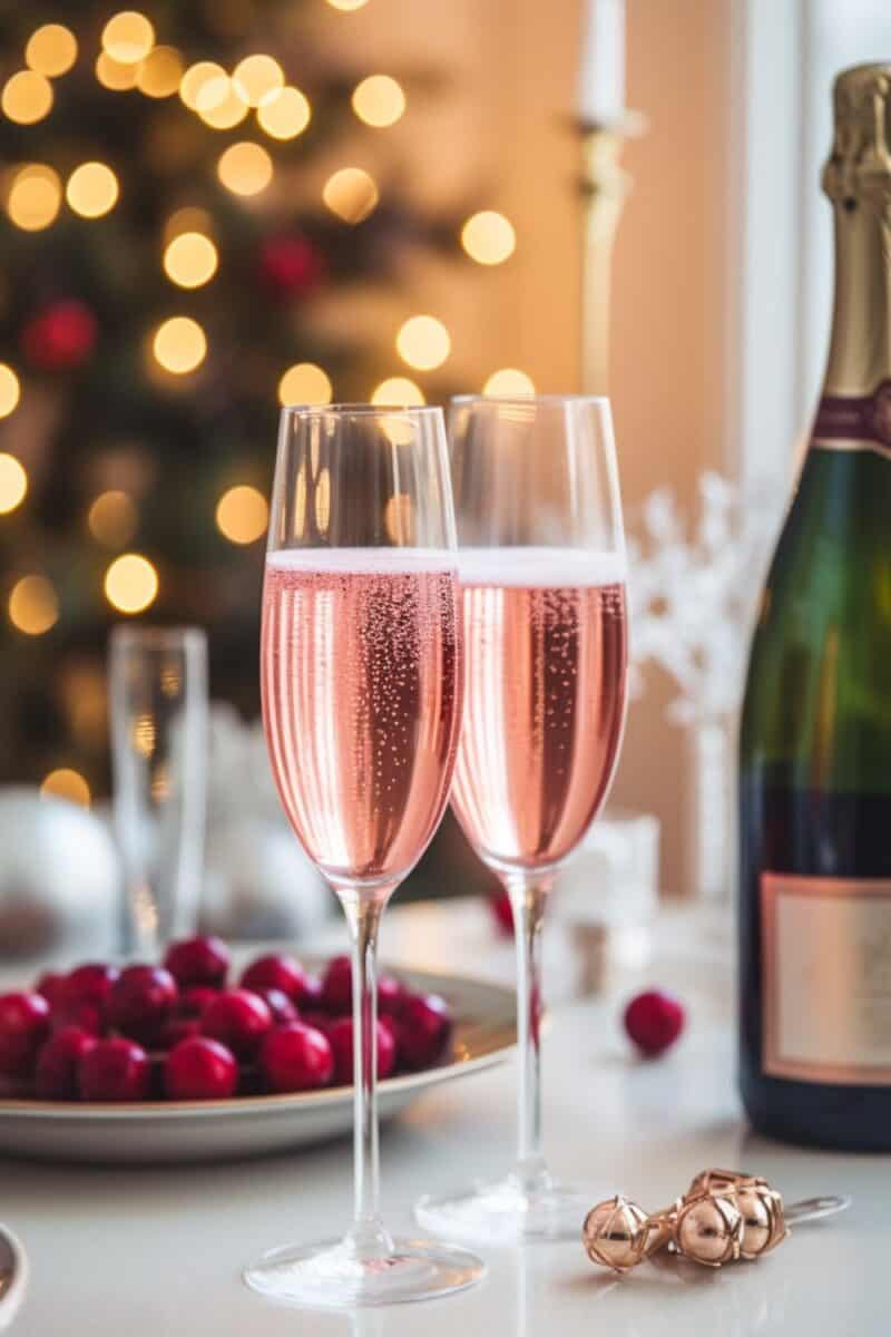 Elegant champagne flutes brimming with sparkling Cranberry Mimosas, capturing the essence of celebration.