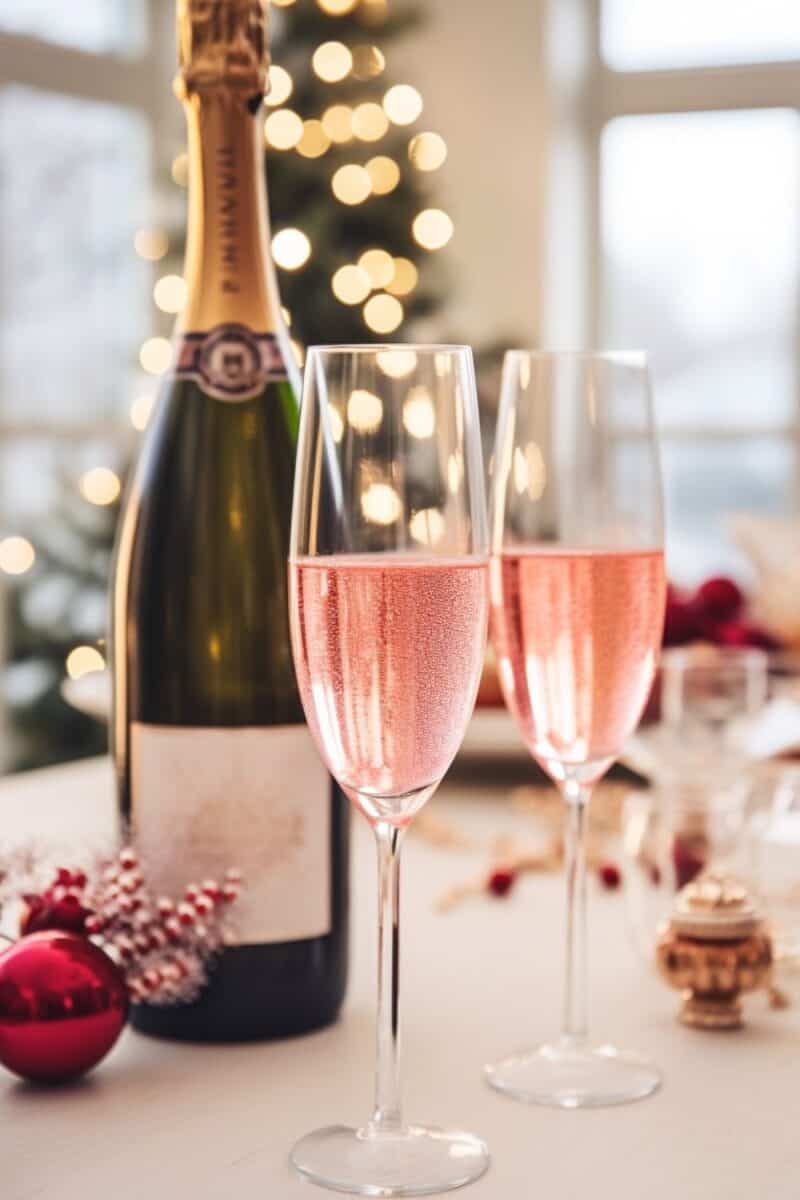 Two flutes of vibrant Cranberry Mimosas with a champagne bottle in the background, set against a festive backdrop.