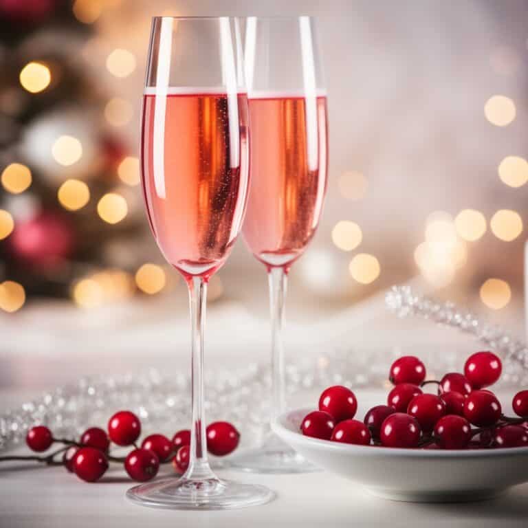 Two flutes of vibrant Cranberry Mimosas set against a festive backdrop.