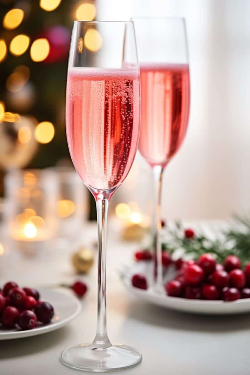 Close-up of two Cranberry Mimosas in champagne flutes, showcasing their effervescent and vibrant pink hue.