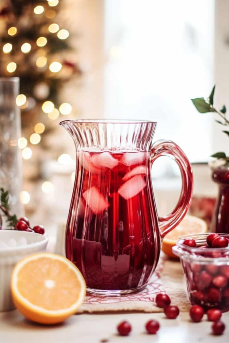 A pitcher of Cranberry mimosa with no alcohol.