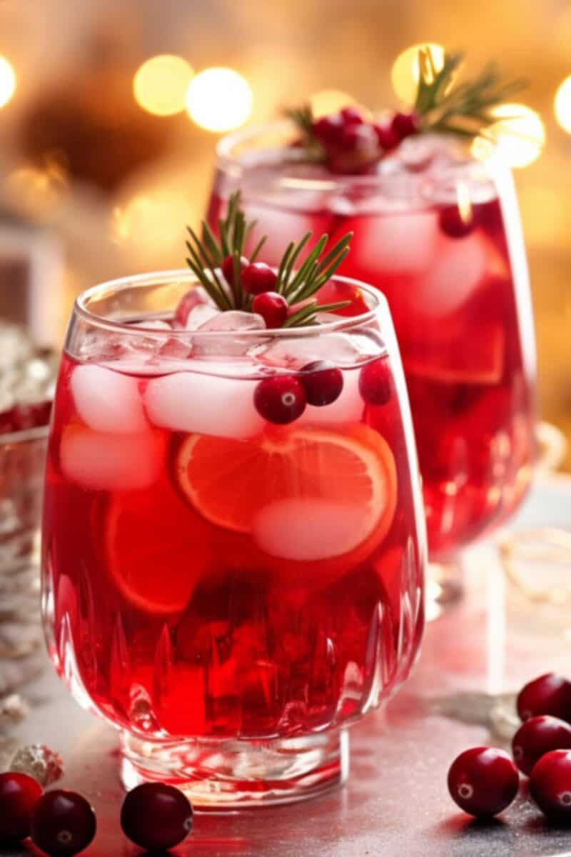 Two glasses of Cranberry mimosa mocktail on silver tray.