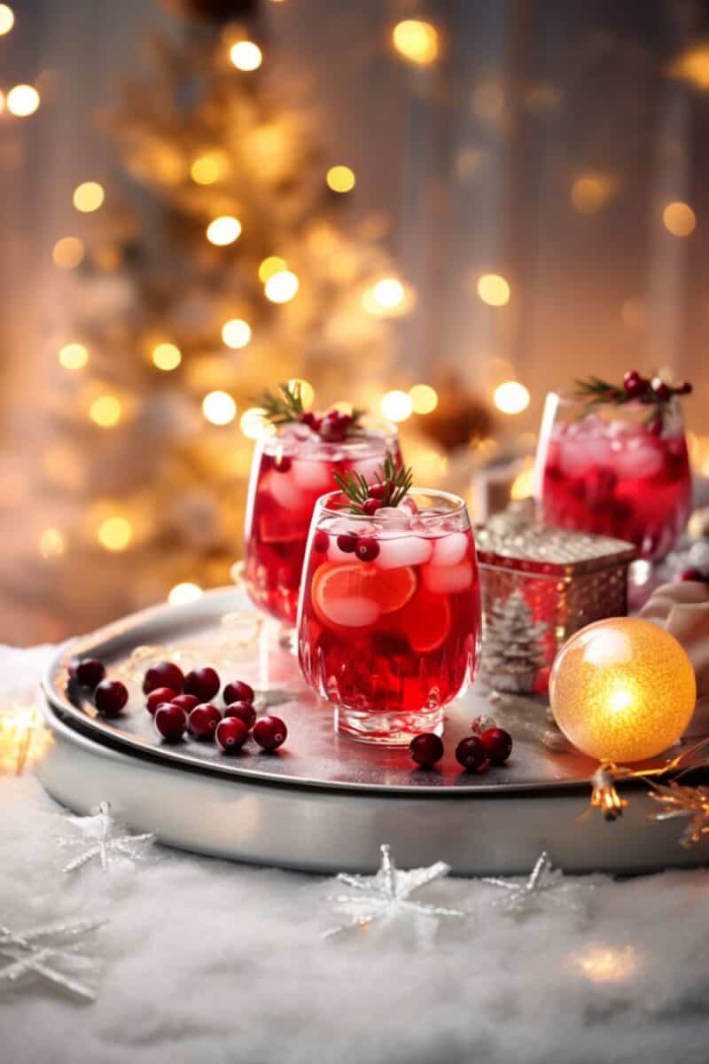 Sparkling Cranberry Mocktail Mimosas in elegant glasses, adorned with fresh cranberries, set on a festive Christmas table with twinkling lights and holiday decor in the background.