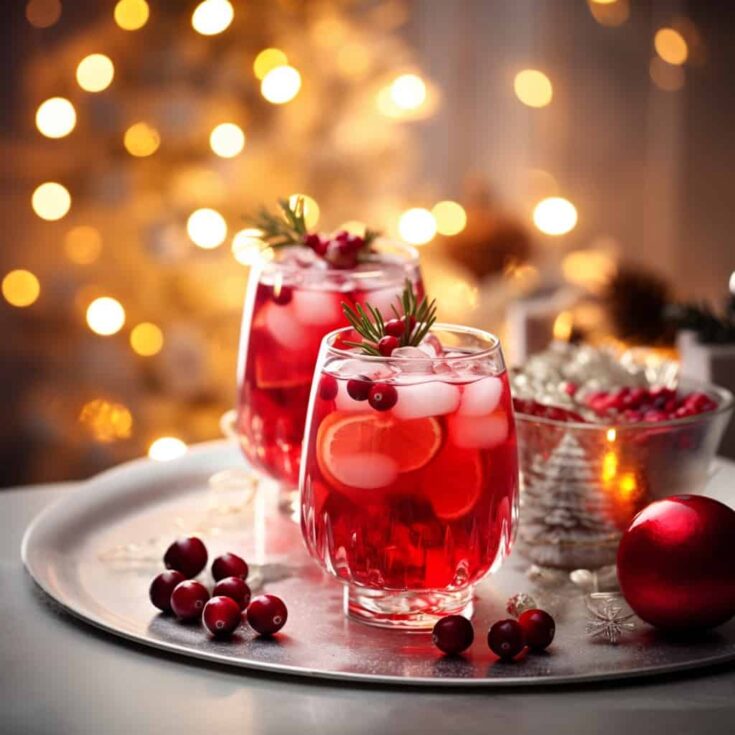 Two elegant glasses filled with Cranberry Mimosas Mocktail, garnished with fresh cranberries and rosemary sprigs, set on a festive Christmas table adorned with holiday decorations and twinkling lights.