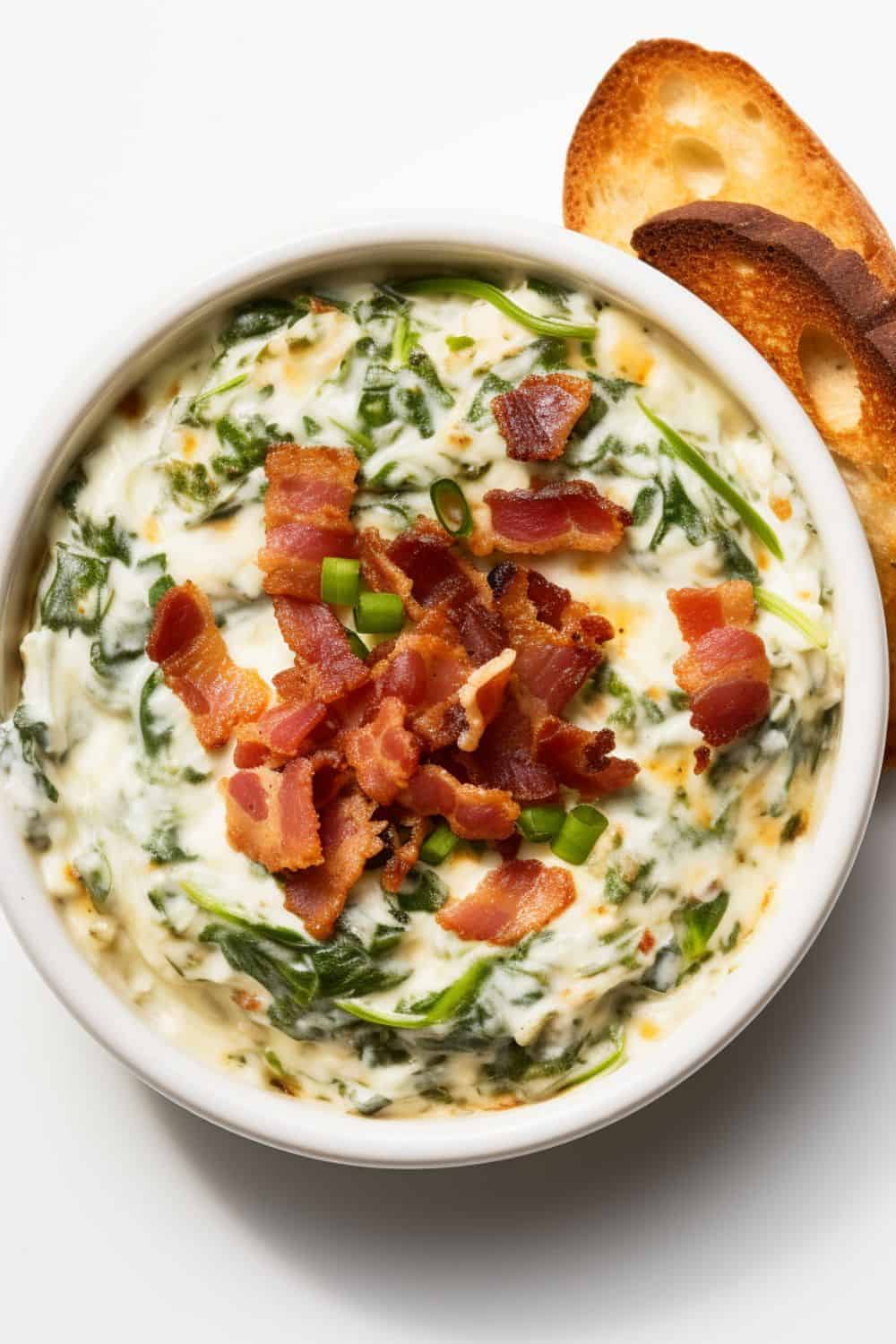 Top view of a bowl of Bacon Spinach Dip, revealing its creamy texture and generous sprinkling of crumbled bacon and chopped parsley.