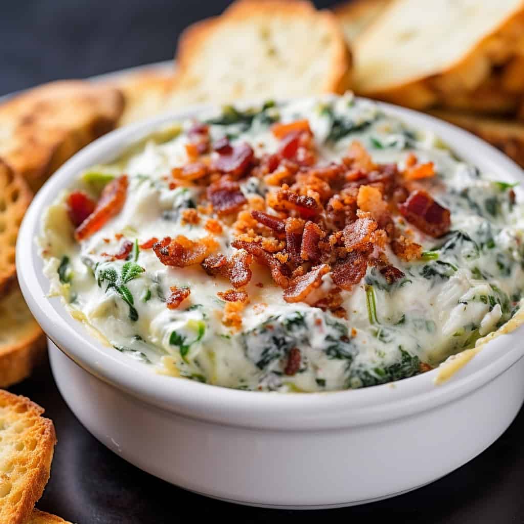 A delicious bowl of Bacon Spinach Dip with a spoon, showcasing its creamy consistency and vibrant color contrast between the spinach and bacon.