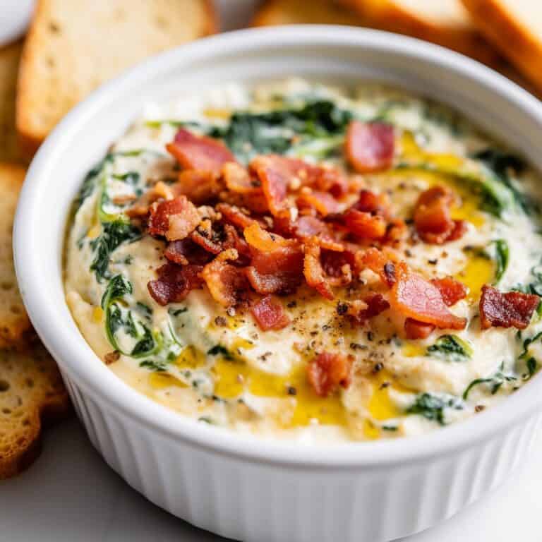 A close-up view of a bowl filled with creamy Bacon Spinach Dip, garnished with extra crumbled bacon and parsley.