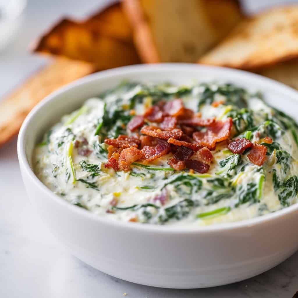 A delicious bowl of Bacon Spinach Dip with a spoon, showcasing its creamy consistency and vibrant color contrast between the spinach and bacon.