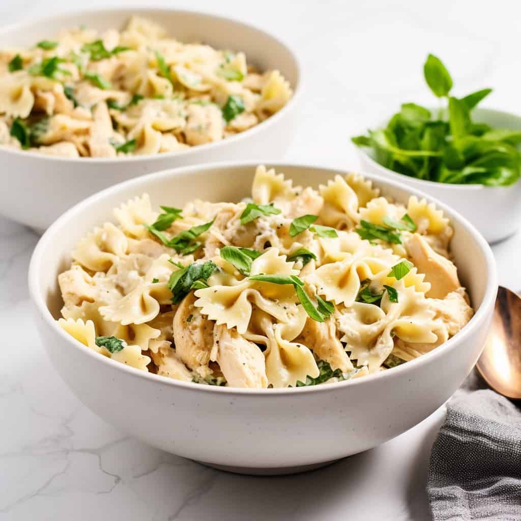 Two Bowls of creamy Crockpot Garlic Parmesan Chicken Pasta garnished with fresh parsley, inspired by Buffalo Wild Wings sauce.