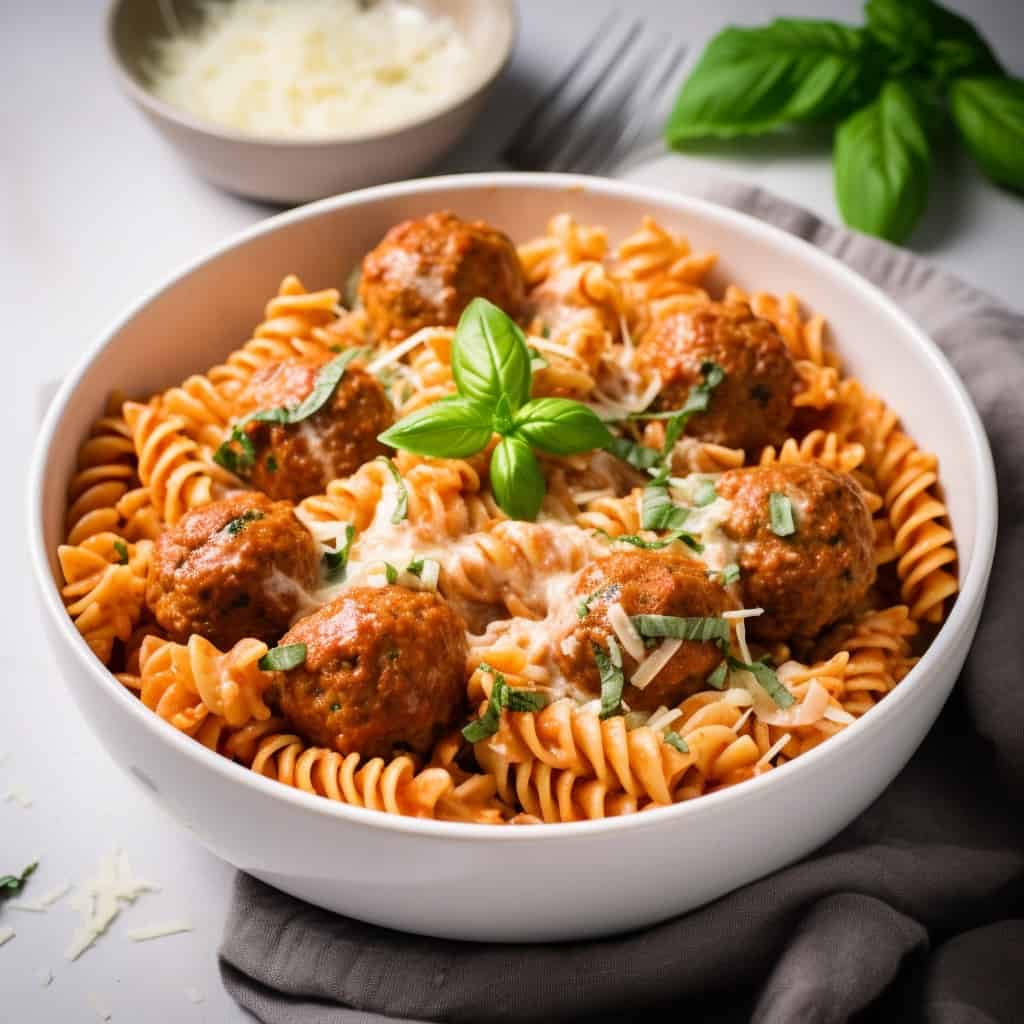 A serving of Dump and Bake Meatball Casserole in a white bowl, highlighting the gooey mozzarella cheese, meatballs, and rotini pasta.