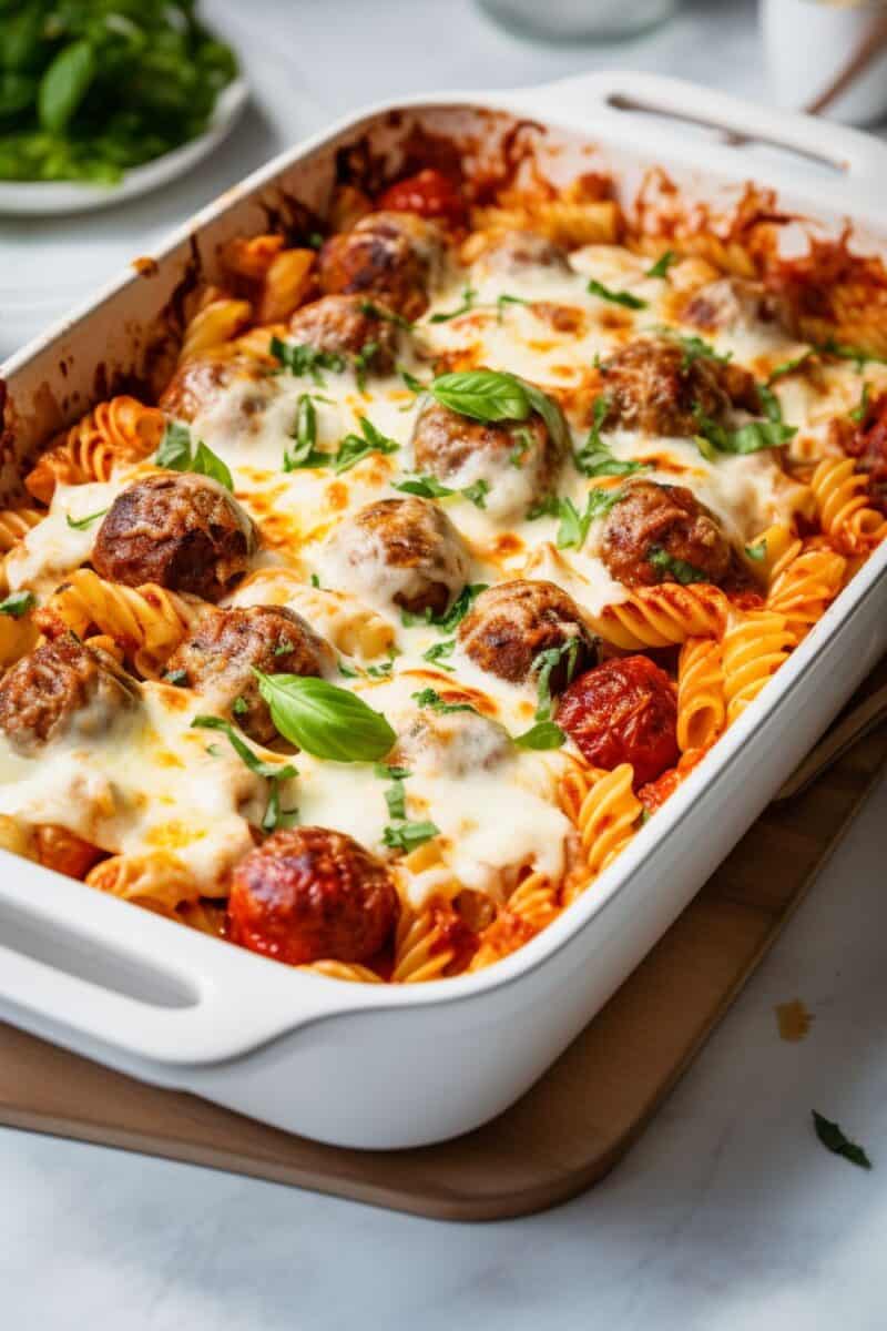 Overhead shot of Dump and Bake Meatball Casserole in a white dish, ready to be served, placed on a white countertop.