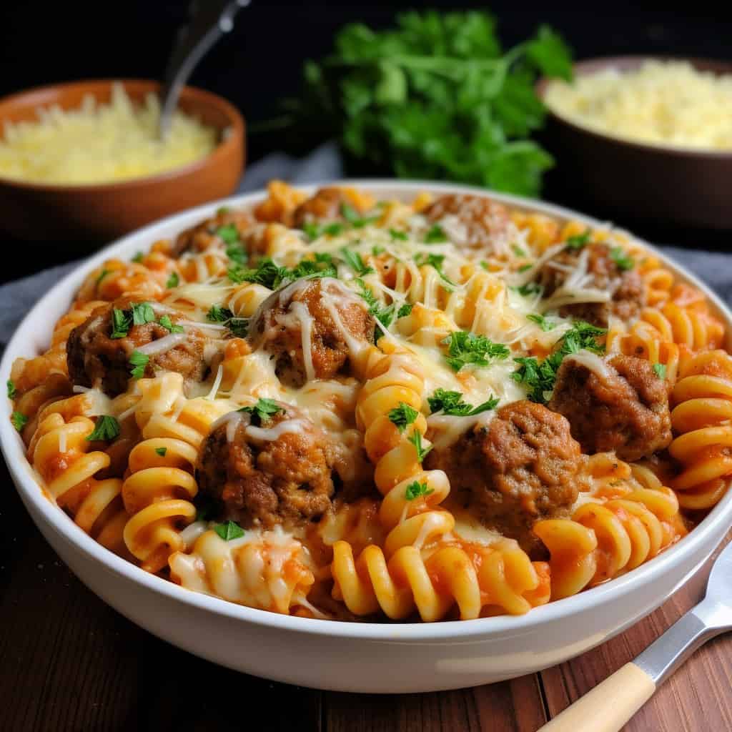 Closeup of a serving of Dump and Bake Meatball Casserole in a white bowl, highlighting the gooey mozzarella cheese, meatballs, and rotini pasta.