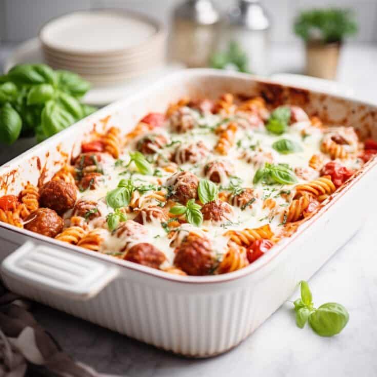Side view shot of Dump and Bake Meatball Casserole in a white dish, ready to be served, placed on a white countertop.