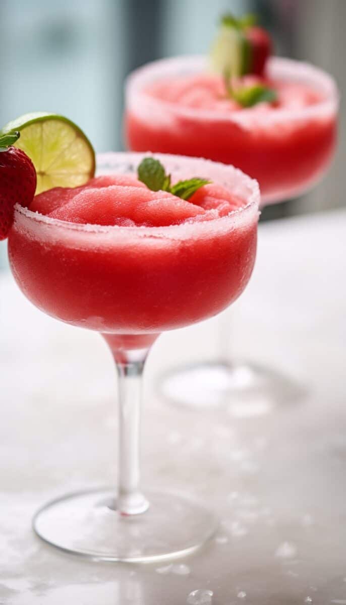 A vibrant red strawberry margarita in a salt-rimmed glass, garnished with a fresh strawberry slice.