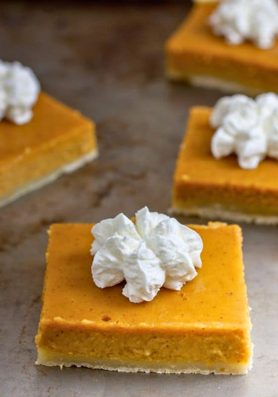 Side view of a Healthy Pumpkin Pie Bars with whipped cream.