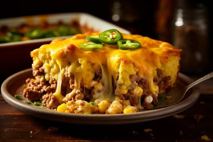 A generous slice of Mexican Cornbread Casserole on a plate, showcasing its golden-brown top, layers of cheesy goodness, and hints of jalapeno peeking through.