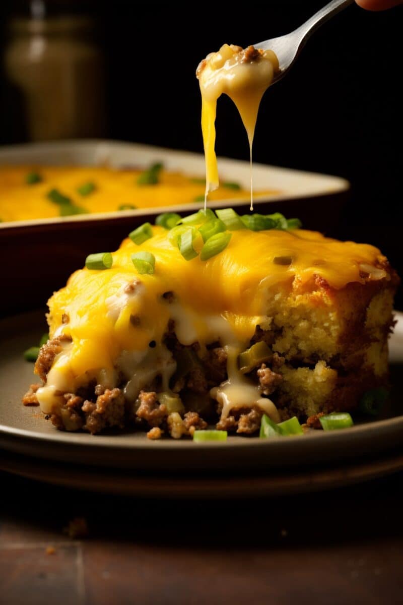 Mexican Cornbread Casserole slice on a plate, gooey cheese visible