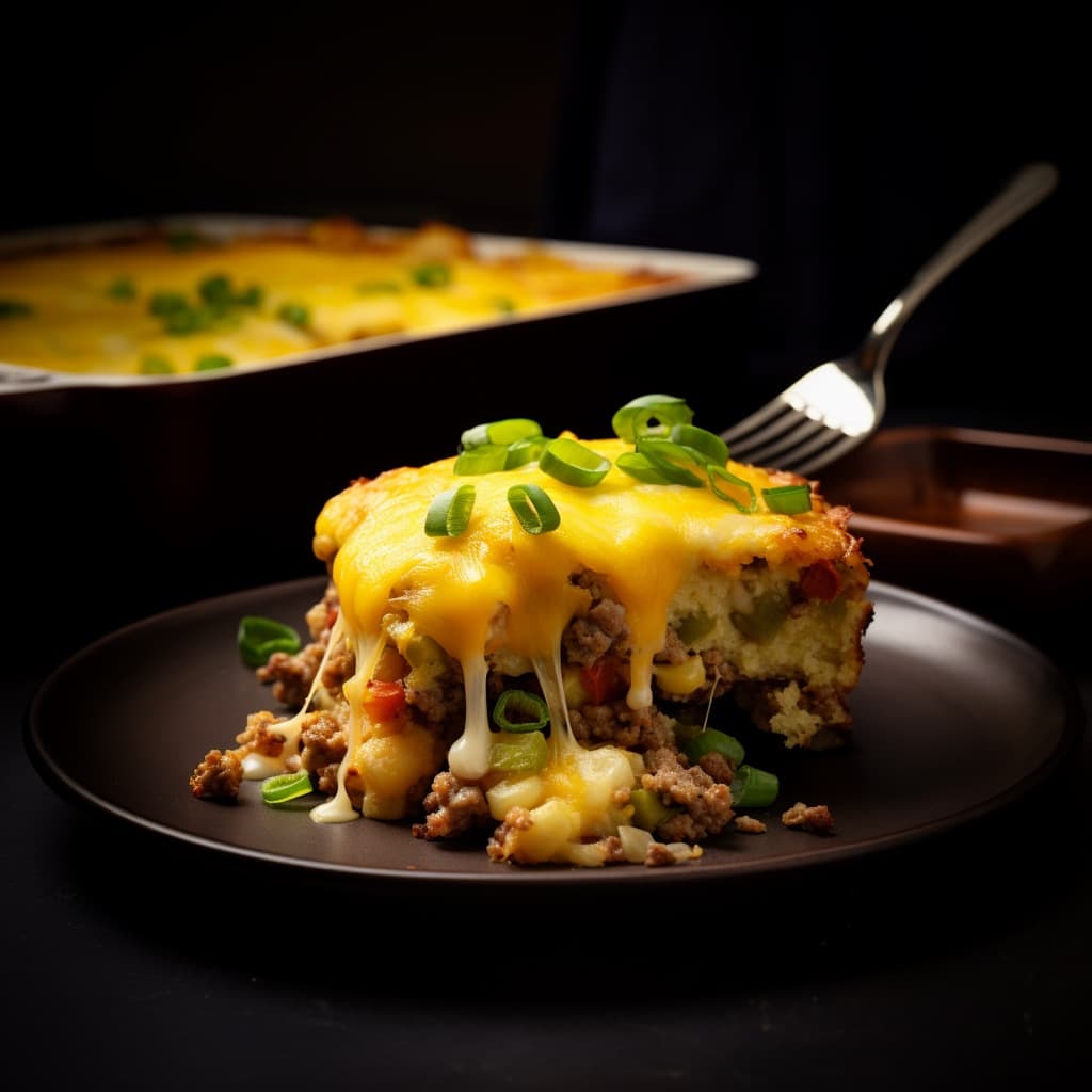 Mexican Cornbread Casserole slice on a plate, gooey cheese visible.
