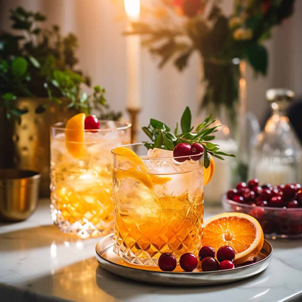 A glass of Naughty but Nice Christmas Cocktail garnished with an orange slice and fresh cranberries.