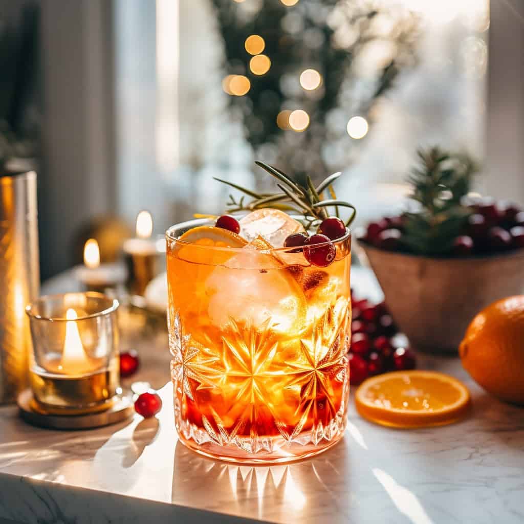 A glass of Naughty but Nice Christmas Cocktail garnished with an orange slice and fresh cranberries.