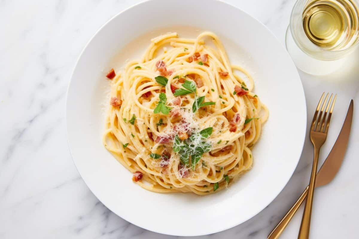 Overhead view of Spaghetti carbonara served on a white plate garnished with fresh basil on a white marble countertop.