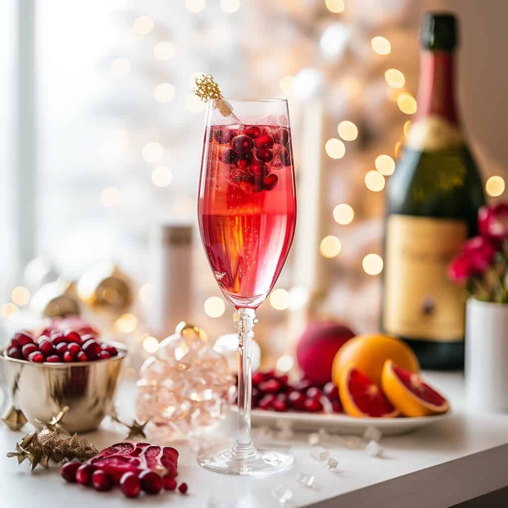 A chilled glass of Poinsettia Champagne Cocktail garnished with a rosemary sprig and whole cranberries.