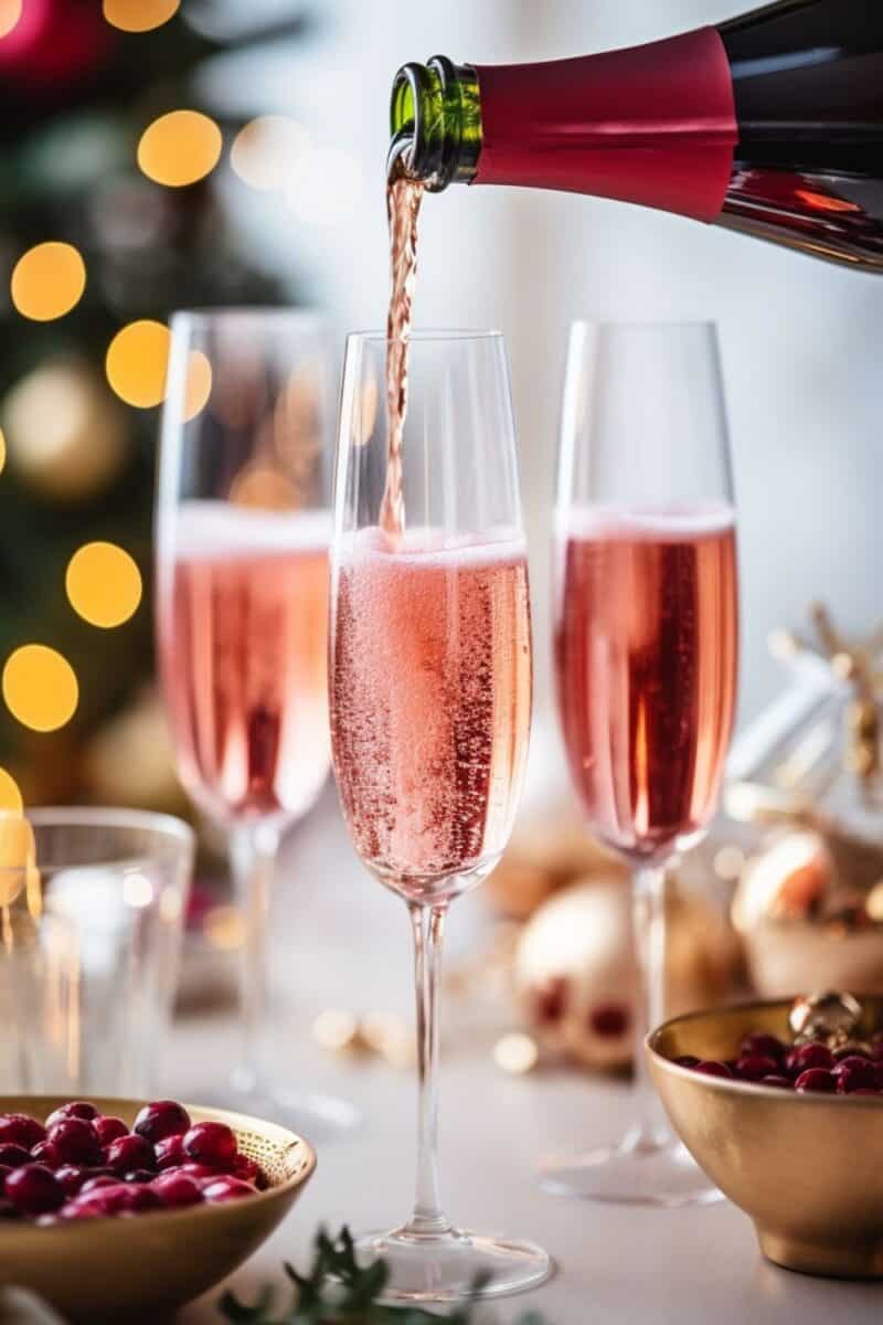 Chilled champagne being poured into a glass flute, already containing Cointreau and cranberry juice, to complete the Poinsettia Champagne Cocktail.