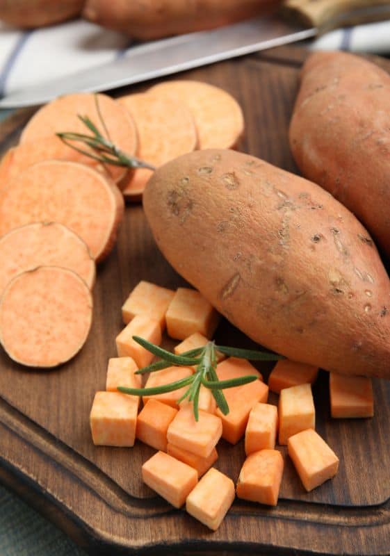 Sweet potatoes peeled and cubed.