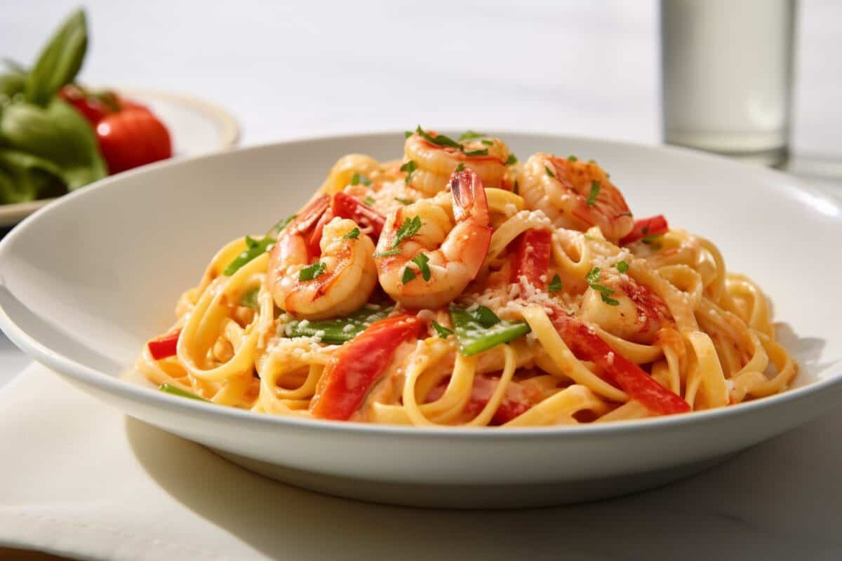 Detail shot of shrimp rasta pasta, capturing the rich sauce and fresh ingredients.