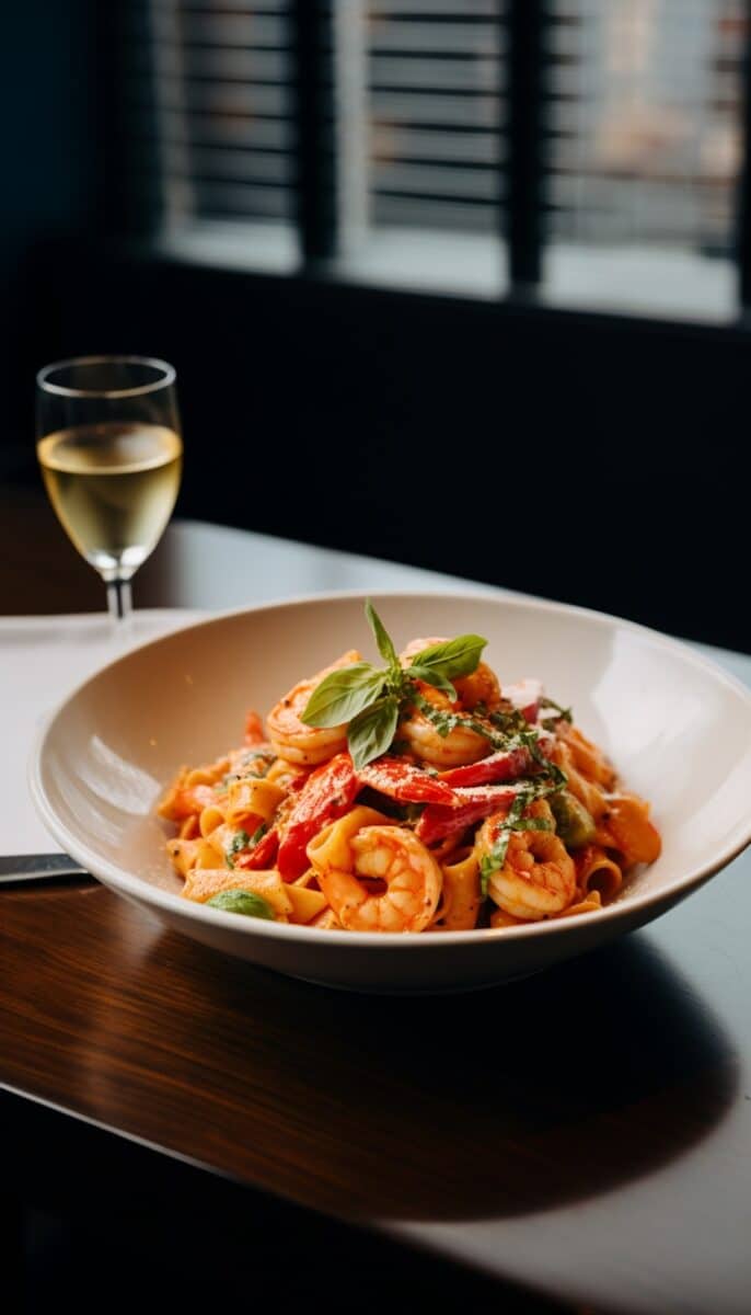 Side angle of shrimp rasta pasta, highlighting the succulent shrimp and colorful vegetables, with a wine glass backdrop.