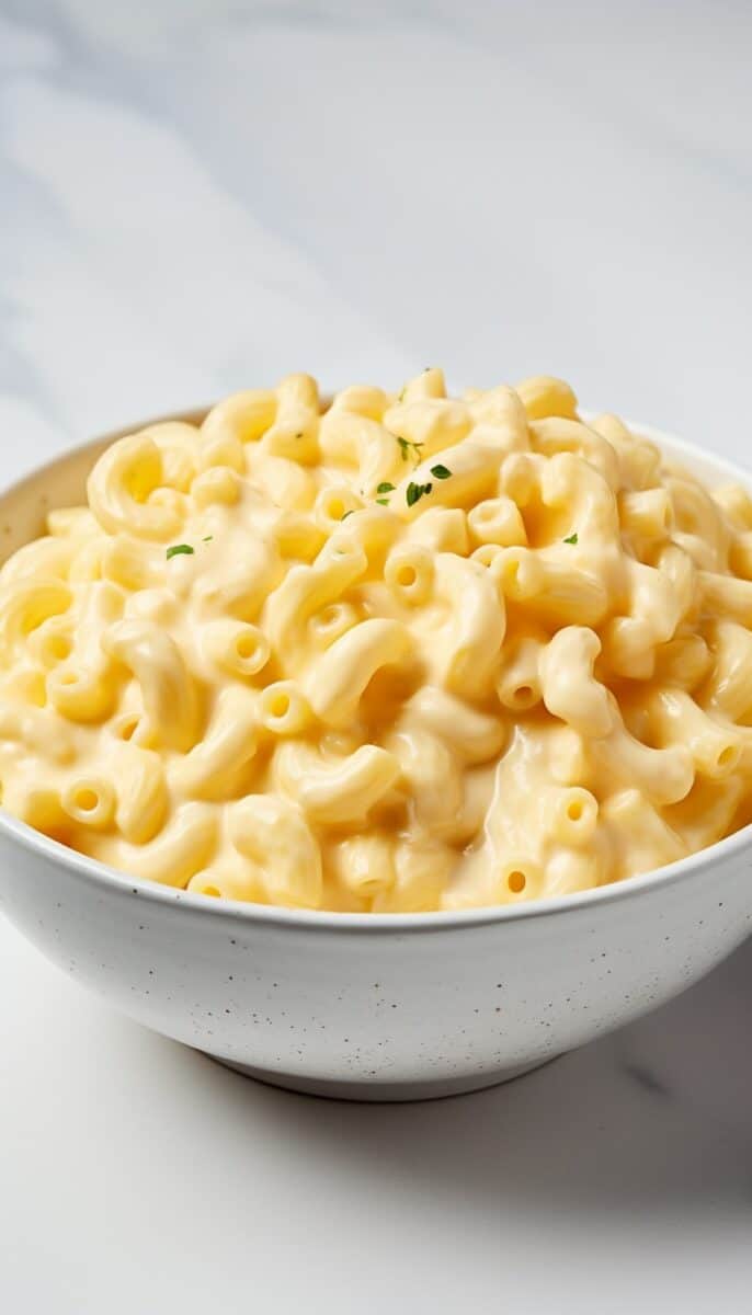 Close-up of creamy mac and cheese served in a pristine white bowl, highlighting its rich consistency.