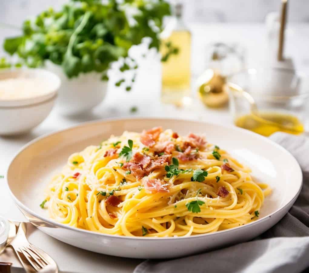 Side view Carbonara spaghetti on a white plate with a white background with fresh herbs.