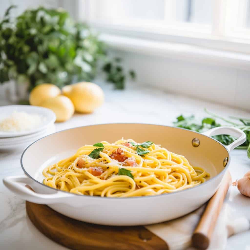 Spaghetti carbonara on white enamel pot on white countertop.
