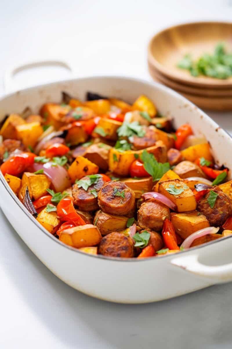 Delicious and hearty Sweet Potato and Sausage Casserole, with a mix of vibrant ingredients, presented in a clean white baking dish.