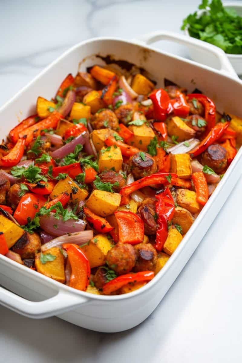Golden-browned Sweet Potato and Sausage Casserole in a white baking dish, showcasing the vibrant mix of diced sweet potatoes, ground Italian sausage, and red bell peppers.