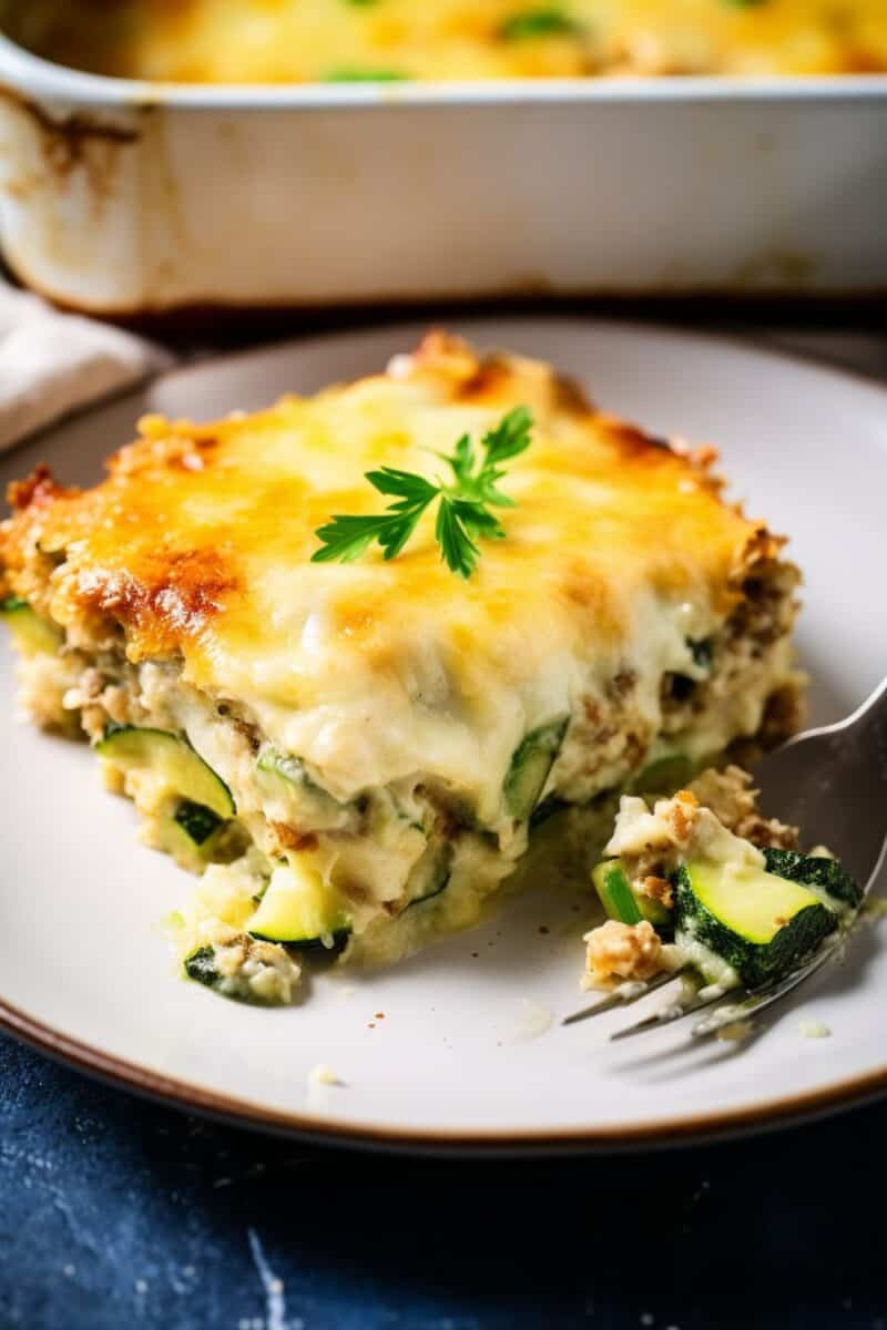 Hearty serving of zucchini casserole featuring ground beef on a pristine white plate.