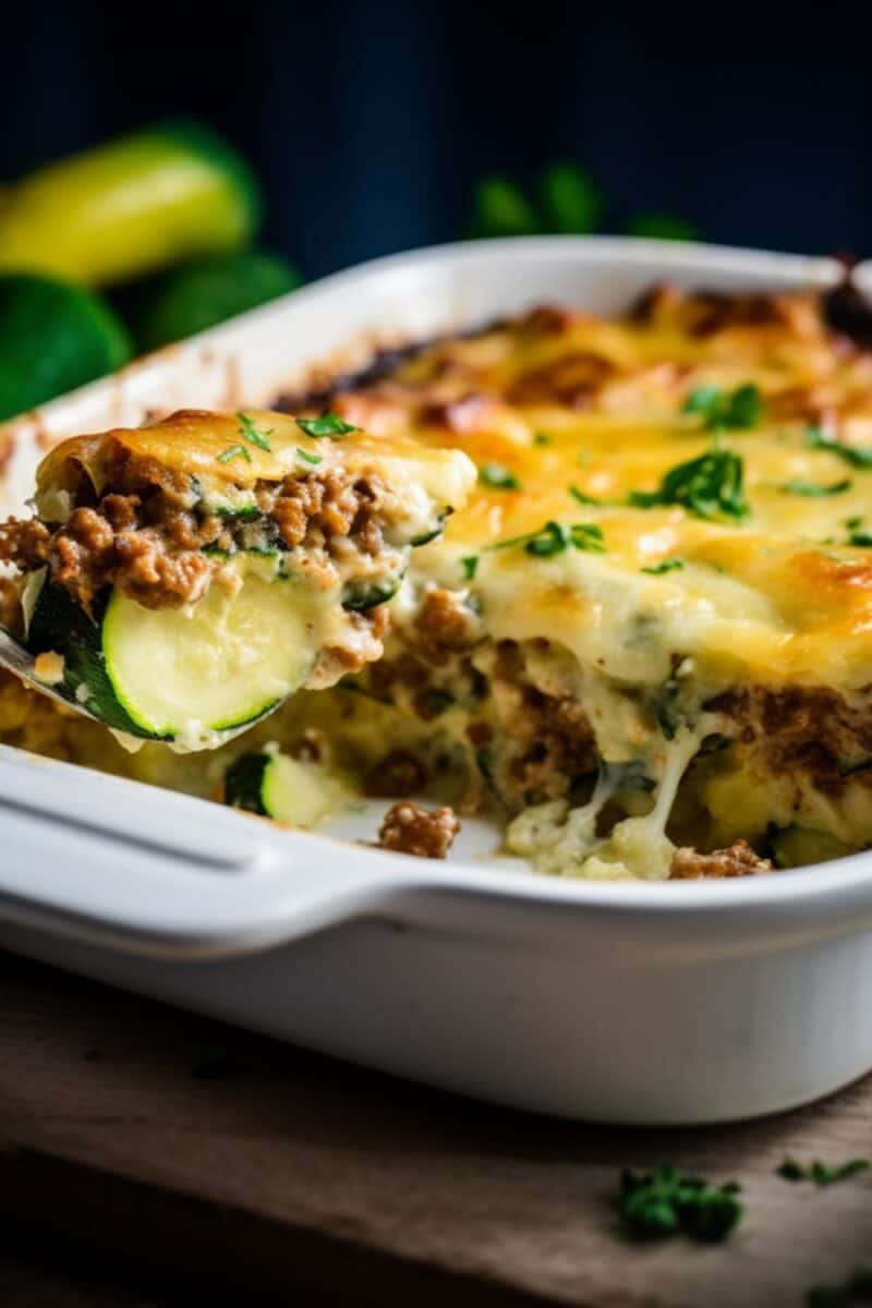 Closeup Zucchini Casserole with Ground Beef in a baking dish with a spoon.