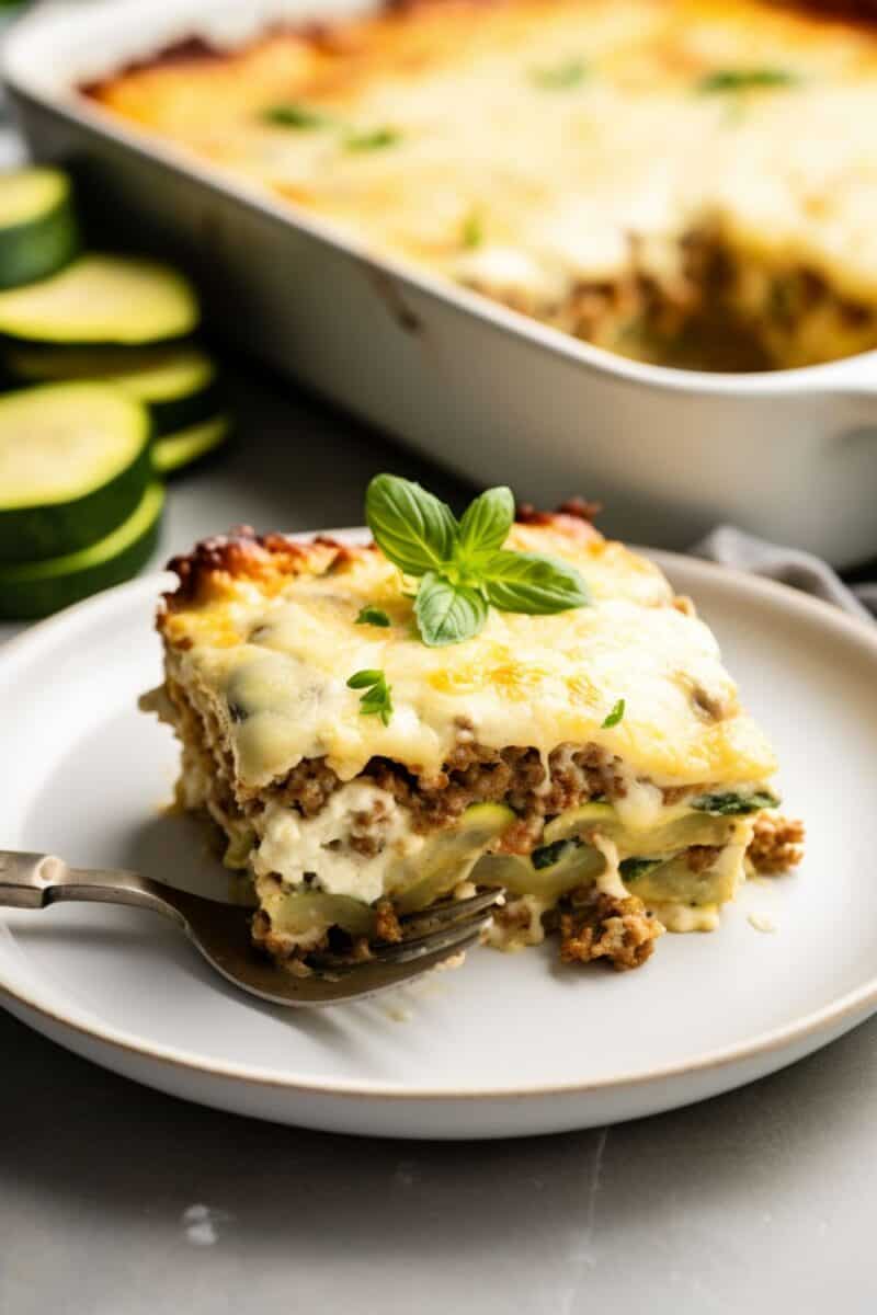 Serving of homemade zucchini casserole with meat on a clean white dish.