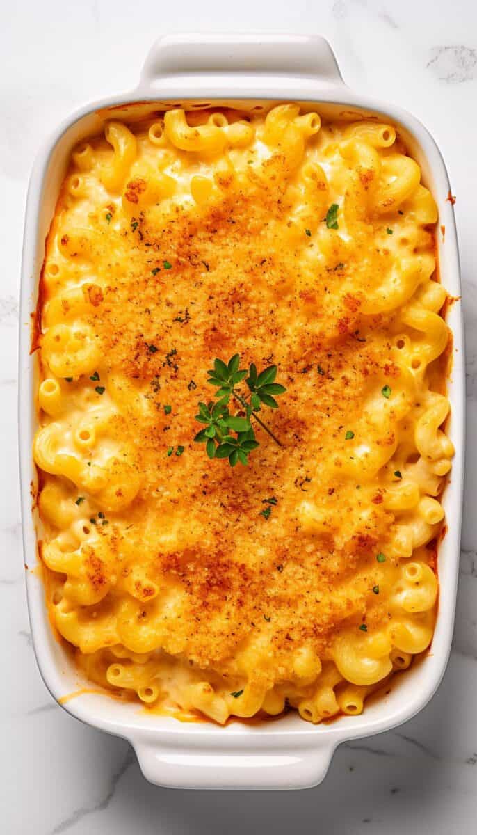 Overhead view of Baked Mac and Cheese, showcasing its rich, cheesy texture.