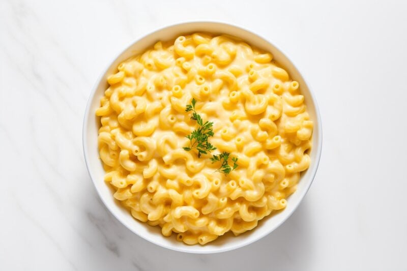 Overhead view of a bowl filled with creamy mac and cheese, showcasing the rich texture and cheesy top.