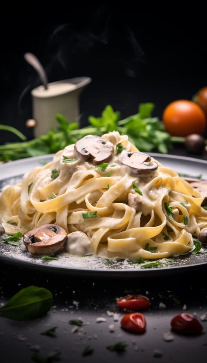 freshly cooked plate of mushroom pasta, showcasing its rich and creamy texture.