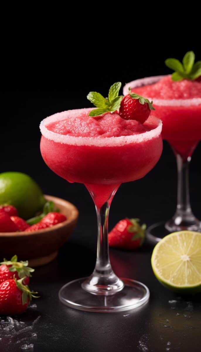 Two frosty glasses of frozen strawberry margaritas in a dark background.