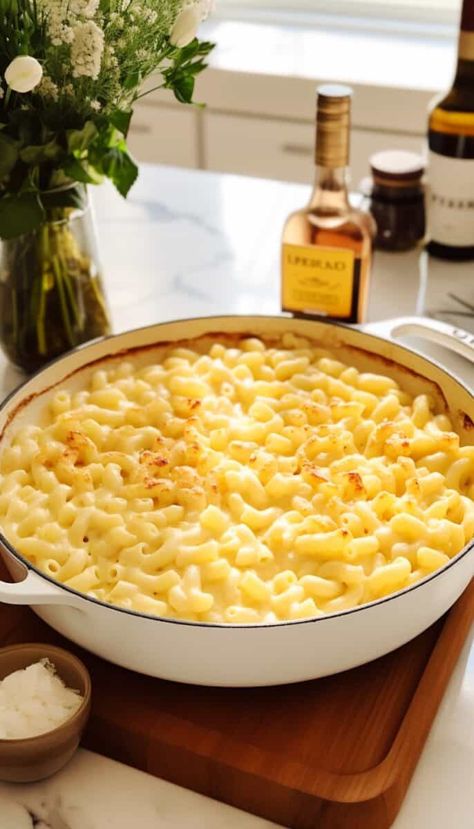 Top-down shot of a white enamel cast iron pan with mac and cheese, highlighting its creamy consistency.
