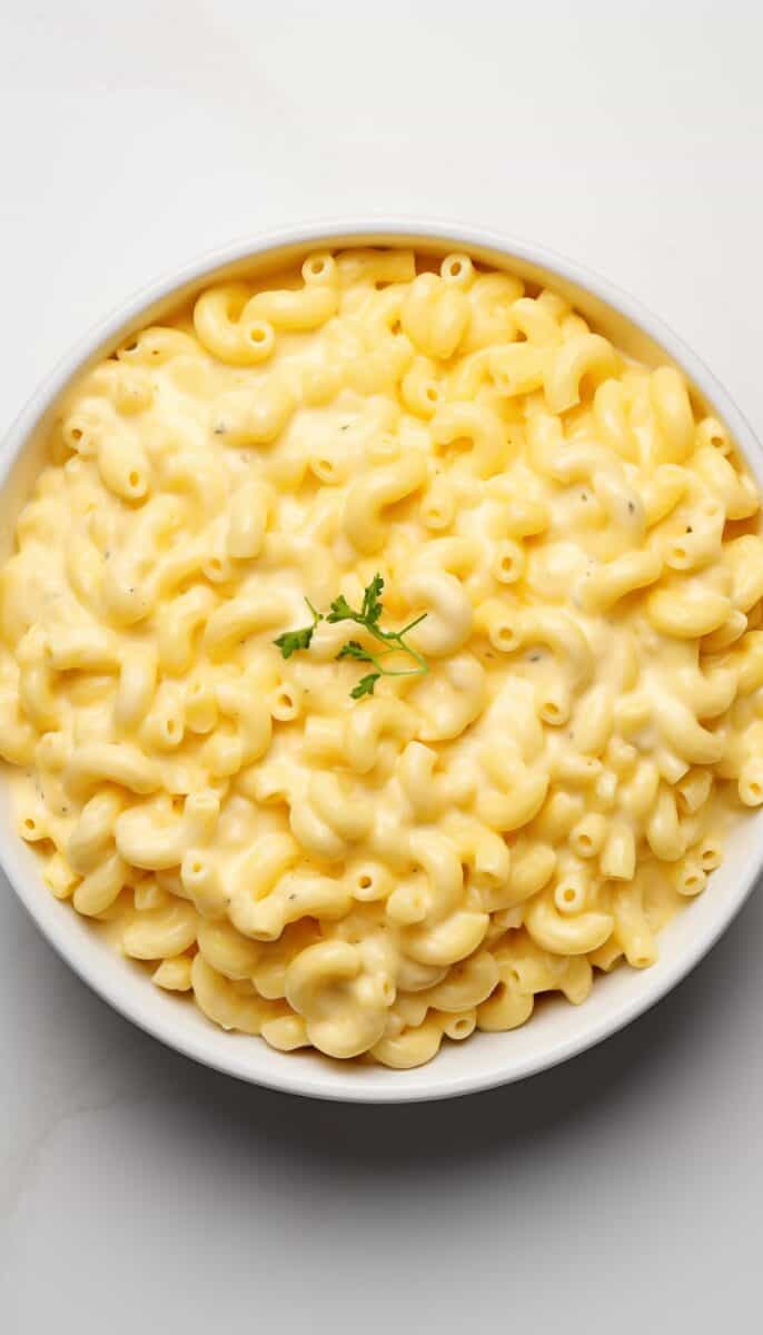 Top-down shot of a steaming bowl of mac and cheese, highlighting its creamy consistency.